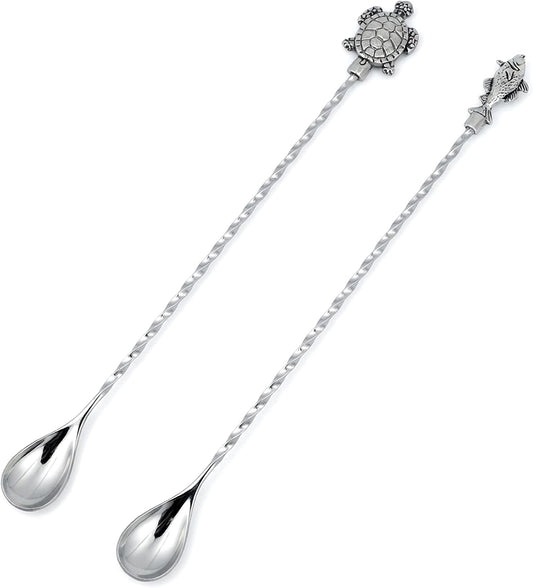 Homestia 12 Inch Bar Spoon, 2 Pcs Cocktail Spoon with Sea Turtle Fish Decor | Dirty Soda Bar Supplies, Stainless Steel Coffee Bar Use, Mixing &amp; Layering Drink Stirrer, Long Spoon for Bartending Stirring