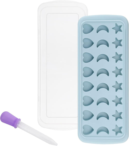 Moon Stars and Heart Ice Cube Tray Silicone Molds with Liquid Dropper，Easy Release Ice Trays with Lid, 24 Cavity Heart Mold