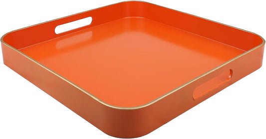 Orange Square Decorative Tray with Handles, 13"*13" Versatile Serving Tray for Coffee Table, Ottoman, Ideal for Serving,