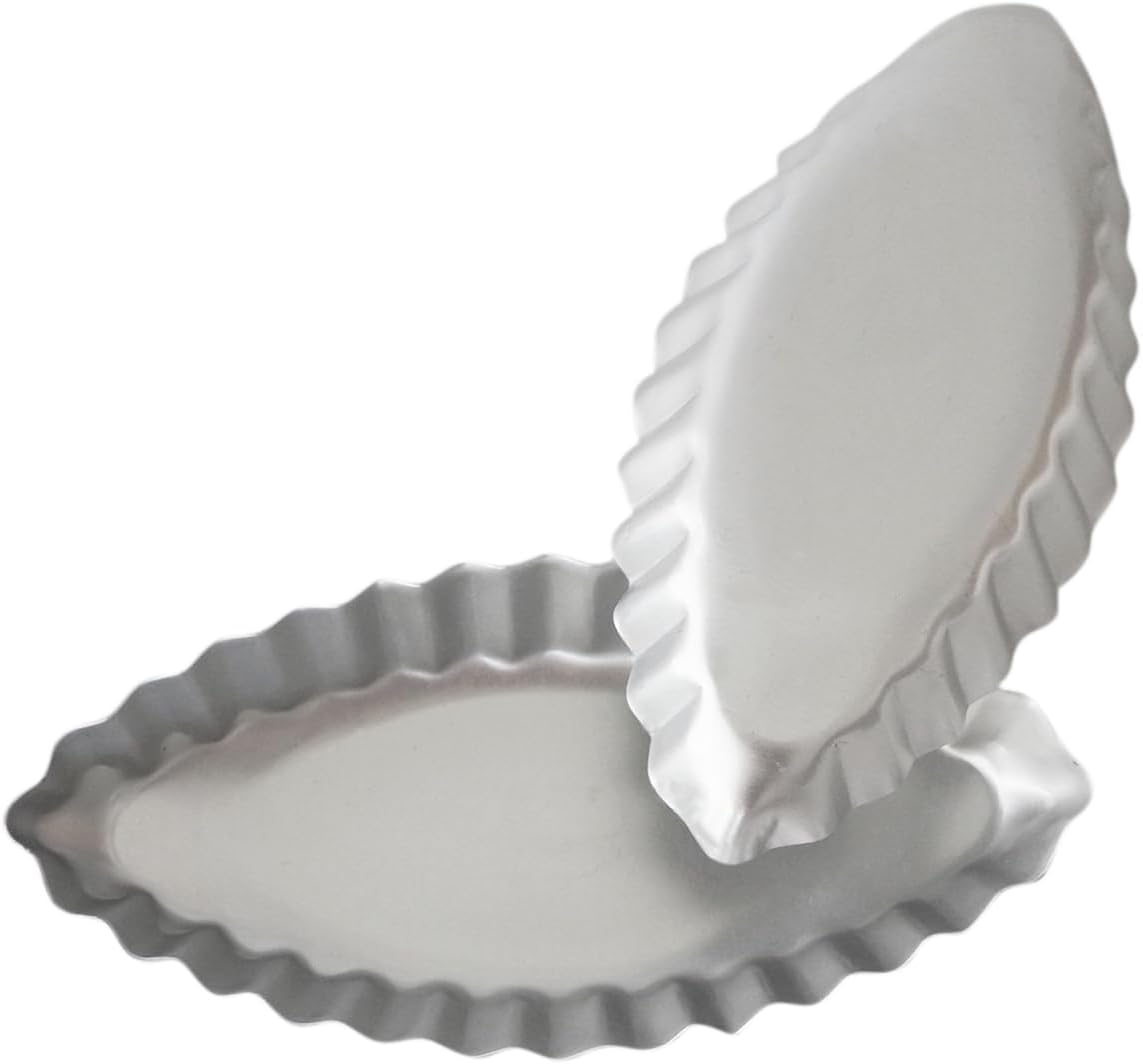 Aluminum Boat Tart Pan Fluted Oval Baking Mold, Small Wavy Tartlet | 10-Pack Flower Edge Tart Tins Pudding Tray for Small Desserts, Quiches, Pudding (4.69 x 2.24 x 0.67 Inch)