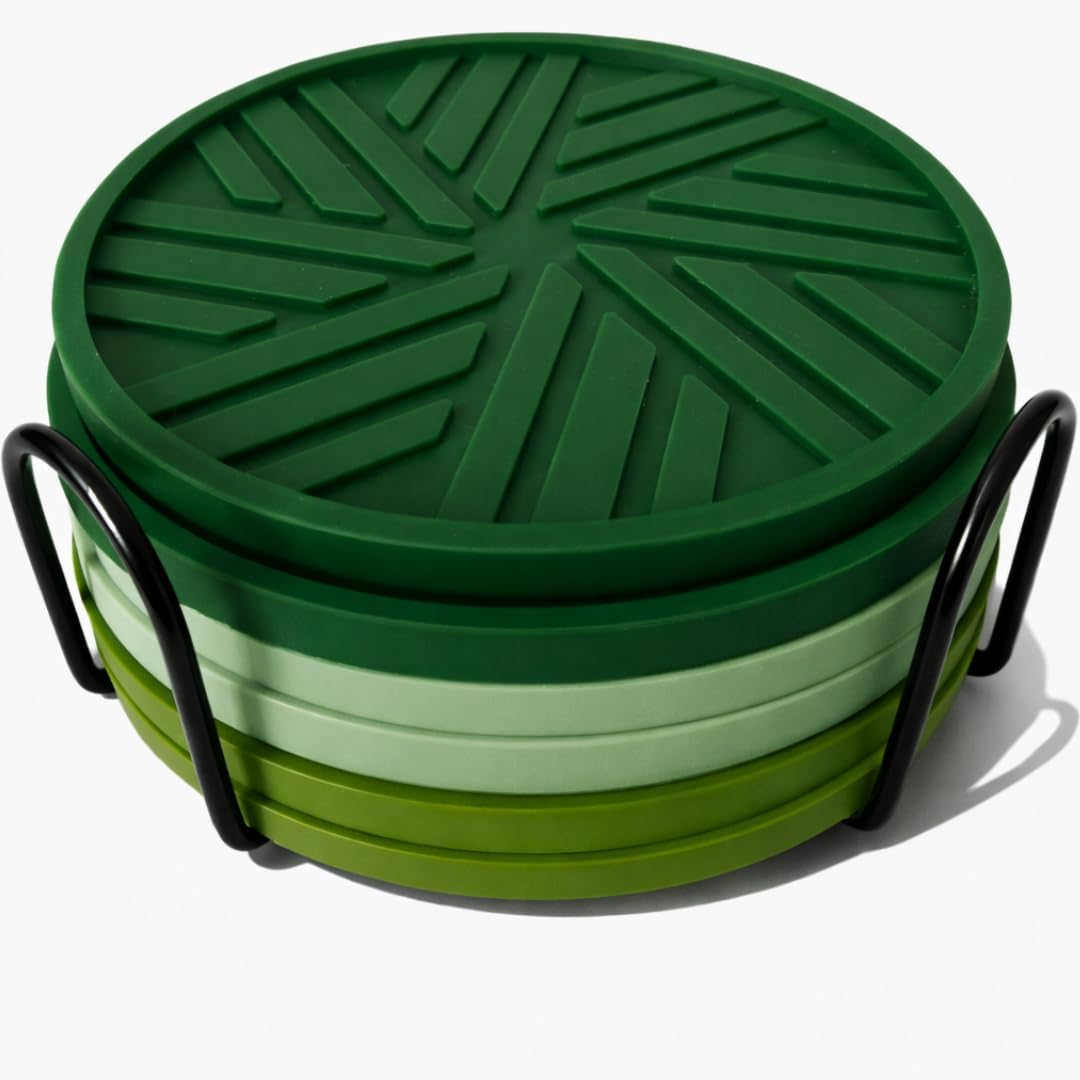 Silicone Coasters Set of 6 with Modern Patterns for Coffee Table Decor - Dark Green Sage