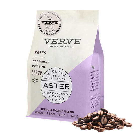 Verve Whole Bean Coffee, Aster Blend, Medium Roast Coffee Beans, Brewed or Espresso, Ethiopian Blend, Resealable Pouch, Hot or Cold Brew, Nectarine