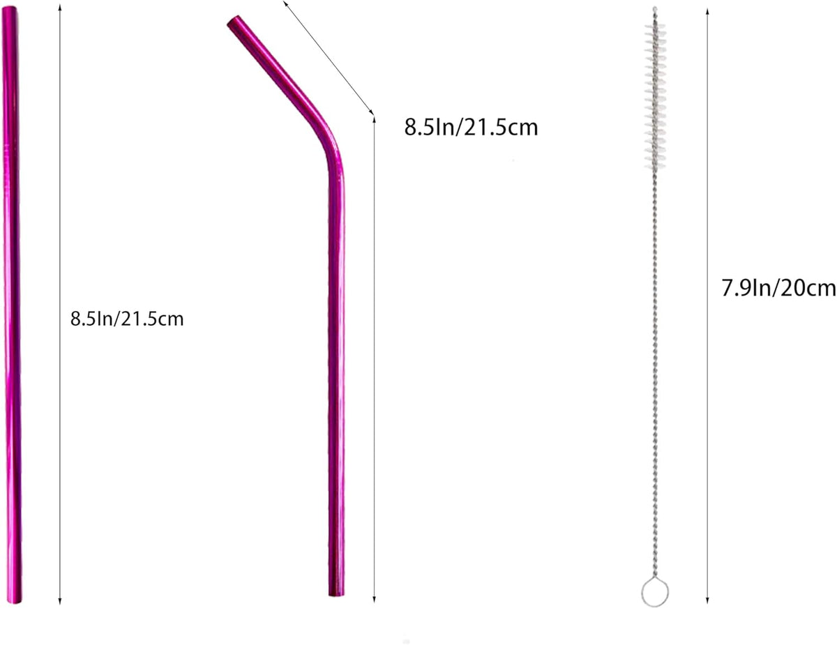 10 Pcs Stainless Steel Straws, Reusable Drinking Straws, 5 Straight + 5 Bent Metal Straws Set With 2 Pcs Cleaning Brushes (Rose Red, 8.5 Inch)