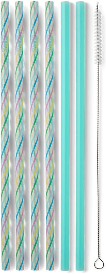 Swig Life Reusable Straws Rainbow + Aqua Tall Straw Set & Cleaning Brush, Each Straw is 10.25 inch Long (Fits Swig Life 20oz