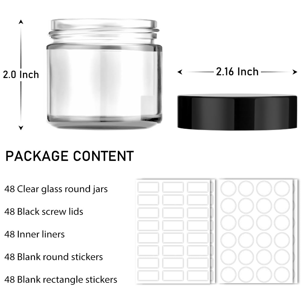 2 OZ Glass Jars with Lids, 48 Pack Clear Small Glass Containers