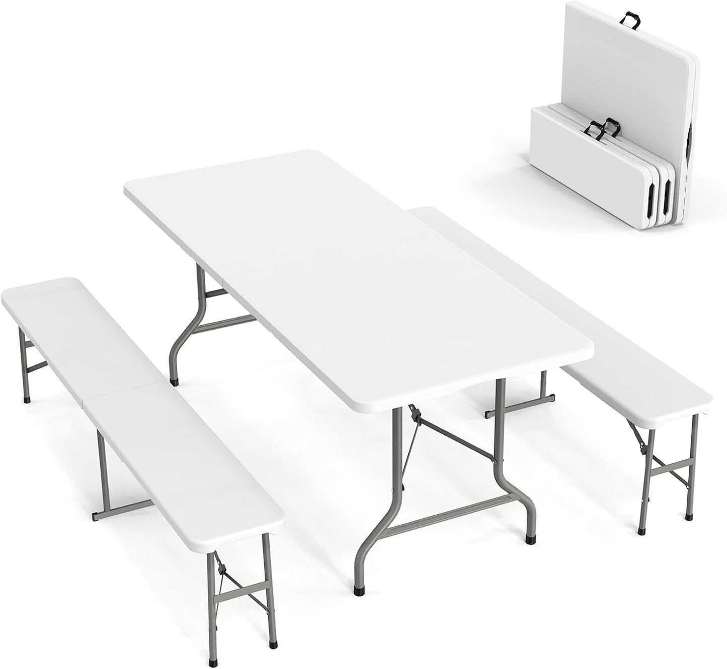 VINGLI Picnic Table Set with 2 Benches, 6 Feet Camping Table Chair Set,3-Piece Folding Furniture for Indoor or Outdoor U