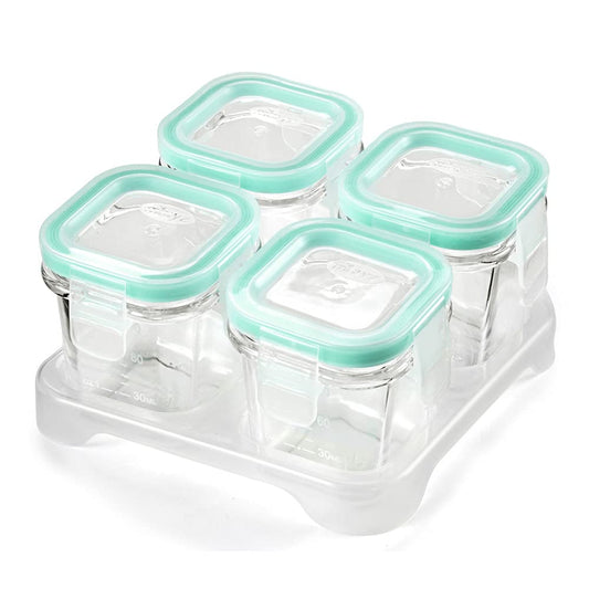 Matyz 4-Pack Baby Glass Jars For Food Storage with Lids Airtight and Stackable Tray (Mint Green, 4 OZ Each) - Small Solid