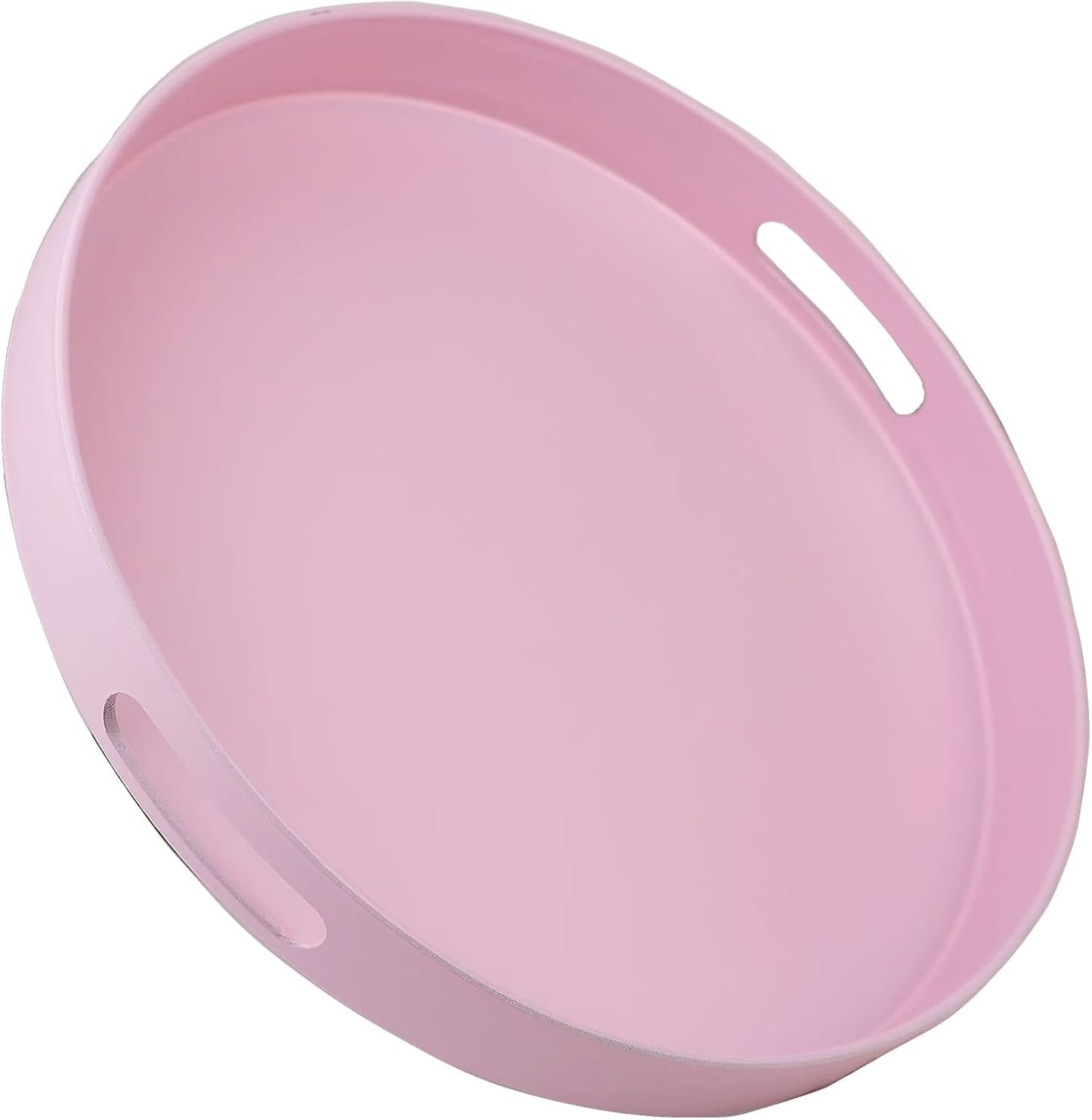 Round Pink Decorative Serving Tray with Handles, 13” Versatile Ottoman Tray for Coffee Table, Entert