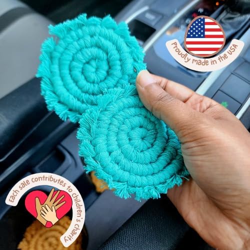 Cotton Car Coasters for Cup Holders, 2PC Car Cup Coasters, Drink Coaster Holder, Cute cupholder Coaster Accessories for Women, Macrame, Boho (Ocean Teal)