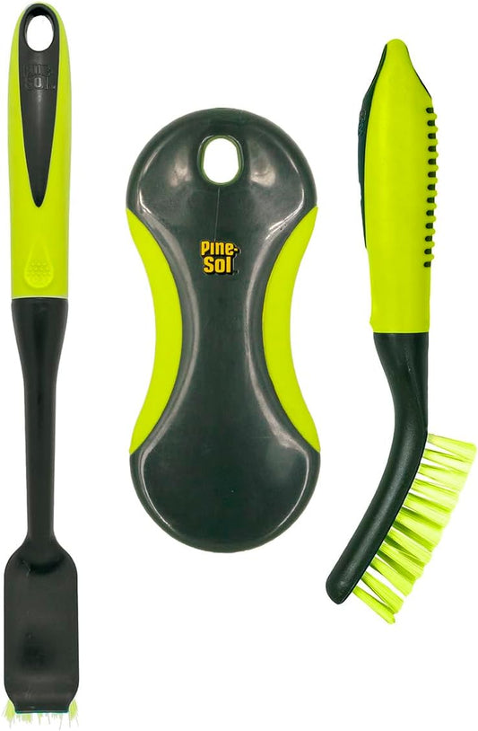 Pine-Sol Scrub Brush Set - Long Handle Cleaning Brushes with Heavy Duty Bristles and Comfort Grip - Scrubbers for Kitchen,