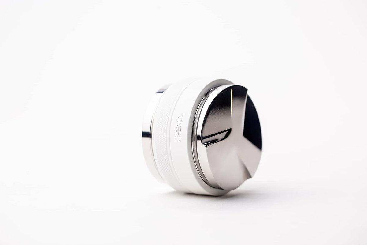 CREMA Coffee Products 58.5mm Hand Tamper &amp; Distributor | Compatible with any 58mm | Double-Sided, Adjustable Depth Tool | Made with Durable 304 Stainless Steel | White