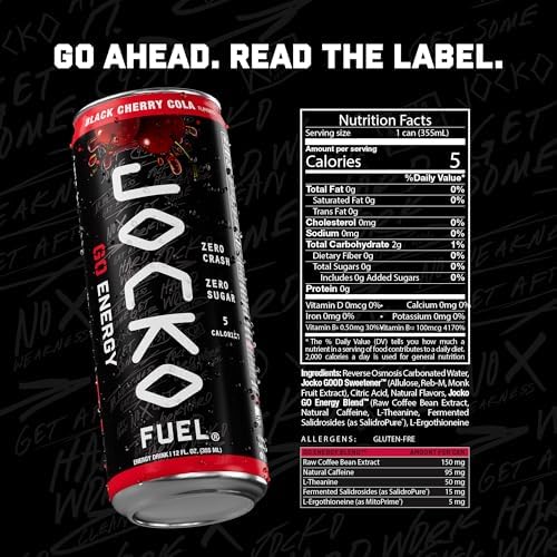 Jocko Fuel GO Energy Drinks, Black Cherry Cola, 12 oz | 12 Pack | 95mg Clean, No Crash Natural Caffeine | No Sugar, Jitter Free | L-Theanine &amp; Adaptogens Lift Mood, Focus &amp; Endurance