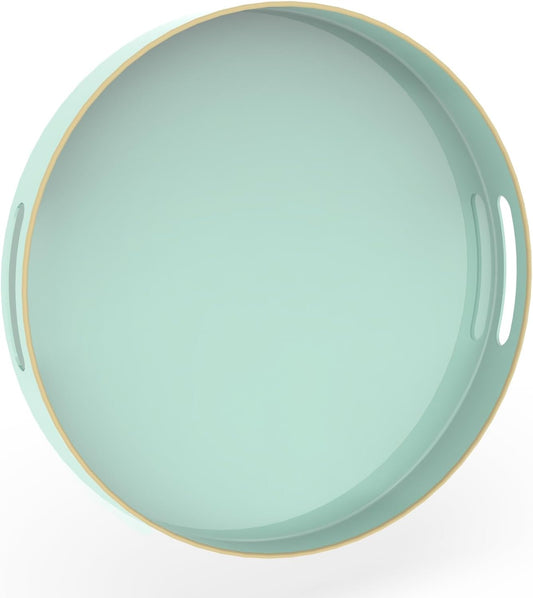 MAONAME Mint Green Decorative Tray for Coffee Table, Modern Round Serving Trays with Handles, 13" Plastic Tea Trays for