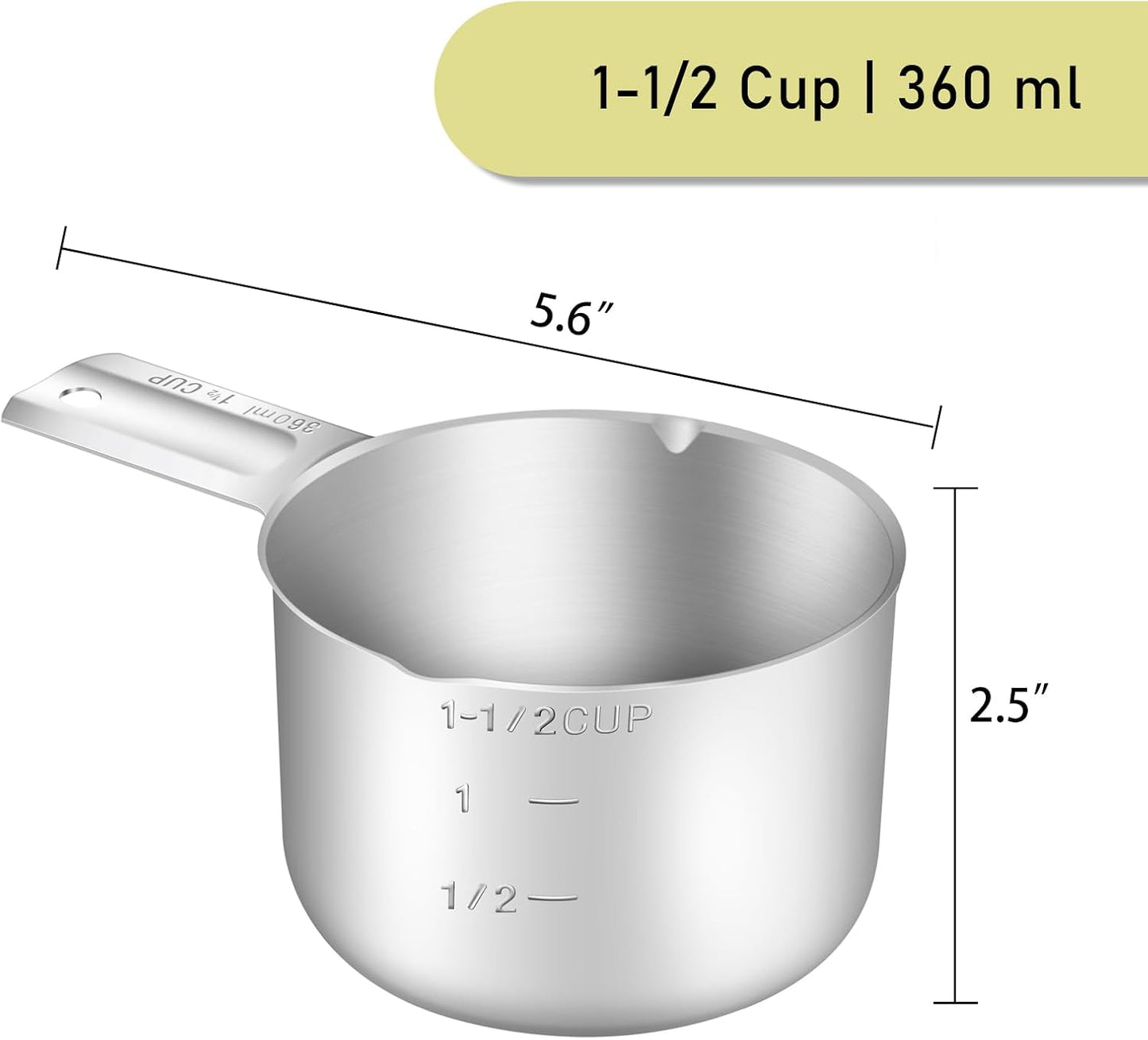 1PCS 1-1/2CUP(360ml) Measuring Cup, 18/8 Stainless Steel Measure Scoop | High Precision, Food-Grade 304 SS, ‌Rust-Free, Dishwasher-Safe, Easy-Read Markings, Multi-Purpose, Sturdy &amp; Durable