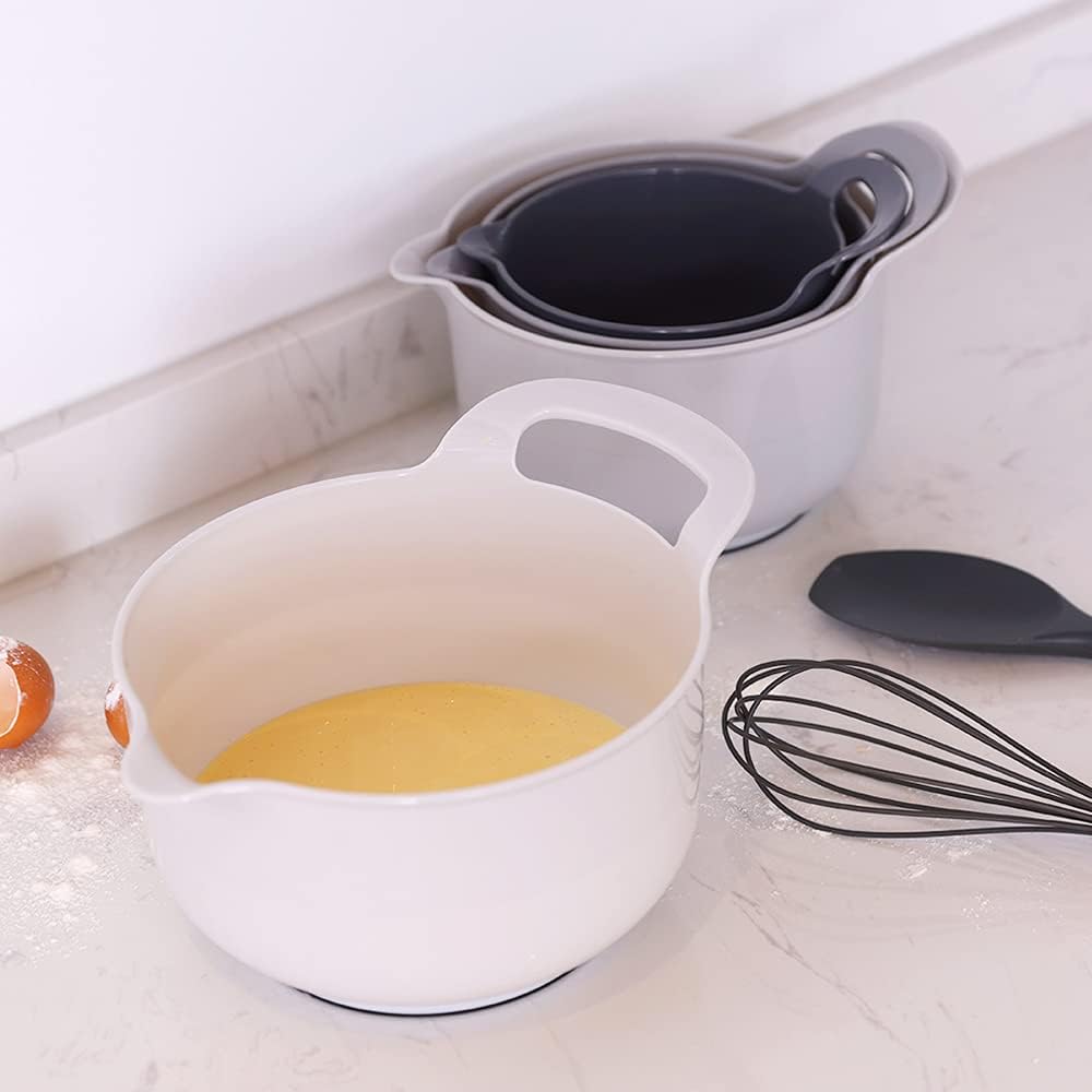 BoxedHome 4 Pack Nesting Mixing Bowl with Pour Spout and Handle, BPA free Microwave &amp; Dishwasher Safe(Grey, 4 Pack with Handle)