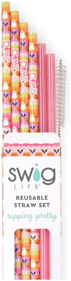 Swig Life Reusable Straw Set with Cleaning Brush, Trick or Treat | Reusable Straw Set - Cleaning Brush Included - 14 Inch Long - Accessories for Cups &amp; Mugs