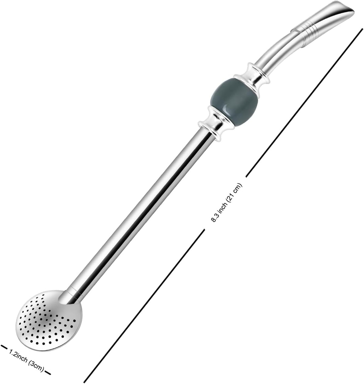 Reusable Bombilla Yerba Mate Straw - Stainless Steel Removable Spoon Style Filter with a Beautiful Bead - Metal Straw for Drinking Loose Leaf Tea - Includes Cleaning Brush(Light Grey)