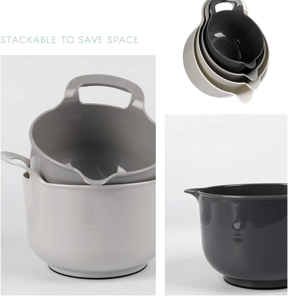 BoxedHome 4 Pack Nesting Mixing Bowl with Pour Spout and Handle, BPA free Microwave &amp; Dishwasher Safe(Grey, 4 Pack with Handle)