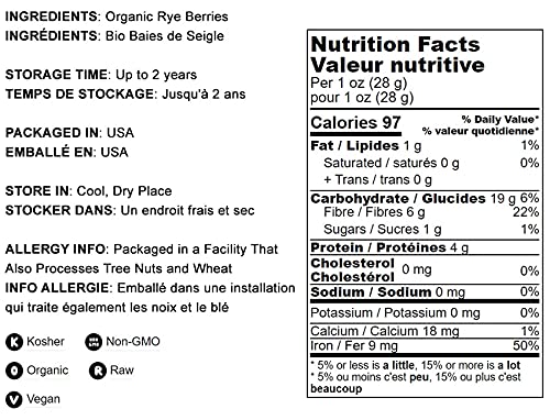 Food to Live Organic Cracked Rye Berries, 1 Pound - Non-GMO. Crushed & Sifted Groats. Raw, Vegan, Kosher, Bulk. Broken Whole Grain, Great for Cereal & Porridge. Good Source of Fiber & Protein