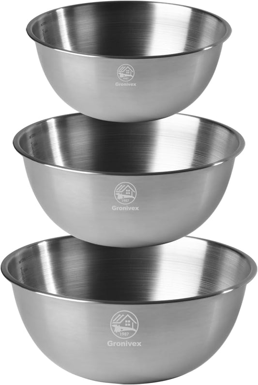 3-Piece Stainless Steel Mixing Bowls Set (6.69" 7.48" 8.27" inch) - Food Grade 304 with Measurement Marks, Dishwasher Safe &