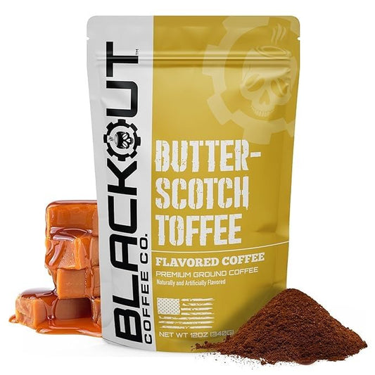 Blackout Coffee Butterscotch Toffee Flavored Ground Coffee – Medium Roast, Smooth Taste, Guilt-Free Indulgence – Freshly Roasted 12oz Pouch.