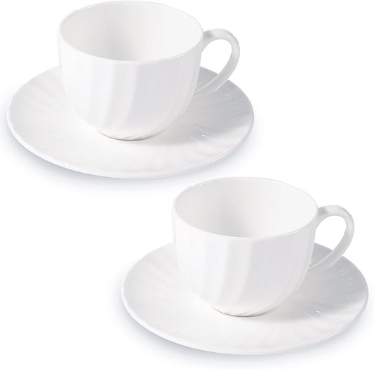 Fine Bone China Cappuccino Mugs Set of 2, 7 Oz Spiral Pattern Lightweight Ceramic, Art Coffee Cups with Saucers, for Latte,