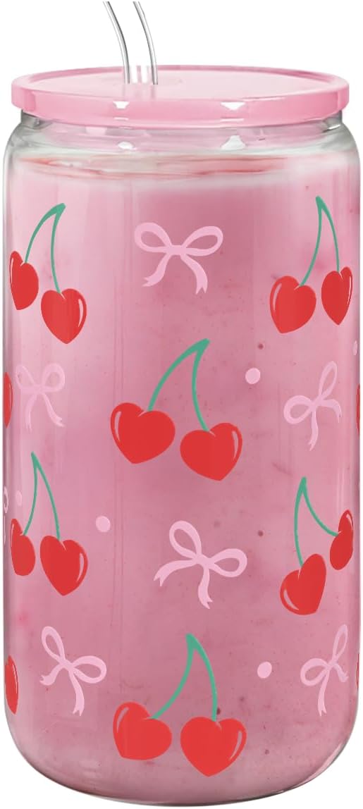 Cherry 16 Oz Can Glass Tumbler with Acrylic Lid and Straw - Iced Coffee Cups for Women, Aesthetic Glass Cup Gift for