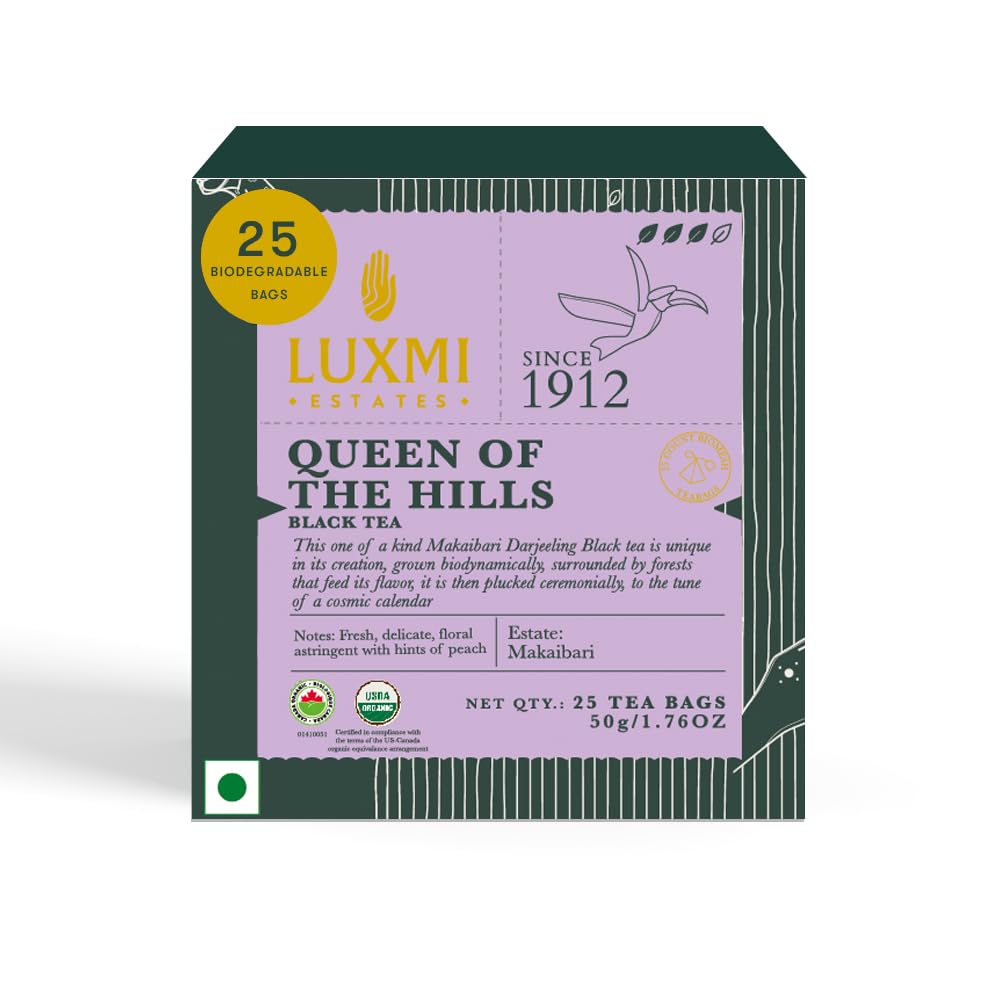 Luxmi Estates Queen of the Hills Organic Darjeeling Black Tea Blend 25 Tea Bags (1.76oz) Pack | 25 Cups | Direct from Garden