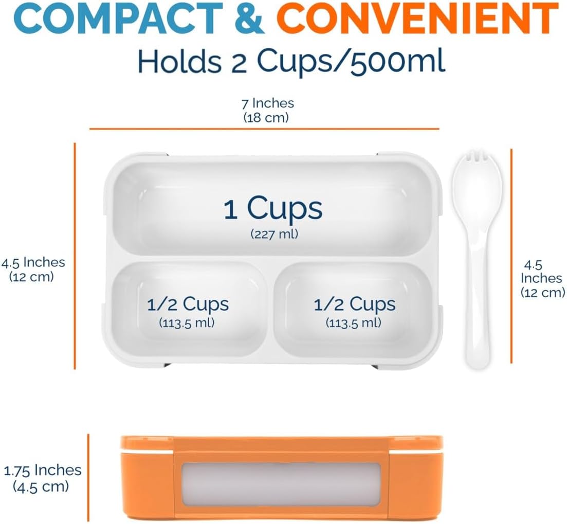 kinsho Snack Container Boxes for Kids Toddlers, 2 Pack Teal Blue &amp; Orange | 3 Compartments, Leak-Proof, Spill Proof, BPA-Free Reusable Small Mini Bento Lunch Box for Daycare School Travel, Holds 2 Cups