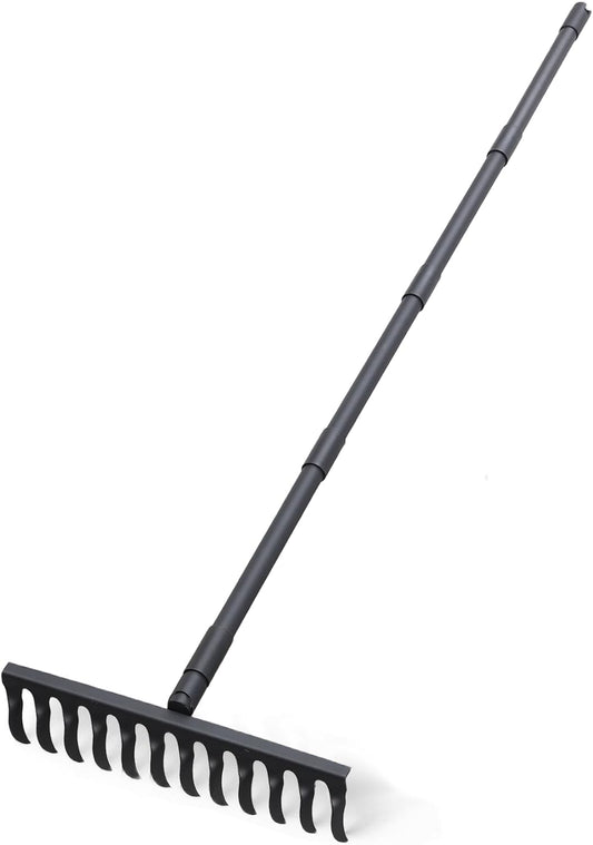 Bow Rake for Soil Leveling 60 Inch Heavy Duty Garden Tool with 12 Tines Adjustable Long Handle Thatch Rake for Gardening