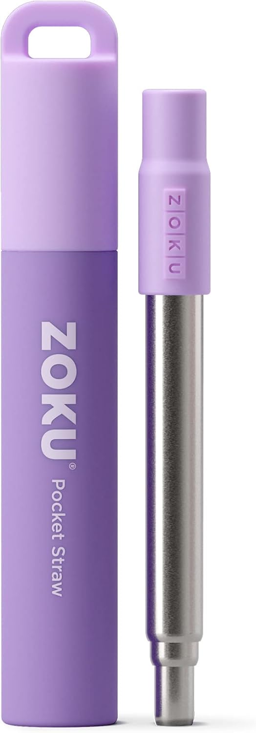ZOKU Reusable Metal Straw with Case for Travel, Purple - Collapsible Stainless Steel Drinking Straw with Silicone Tip and Cleaner Brush, Ideal for Key Chains, Pockets, Purses | Collapsible Stainless Steel Drinking Straw with Silicone Tip and Cleaner Brush