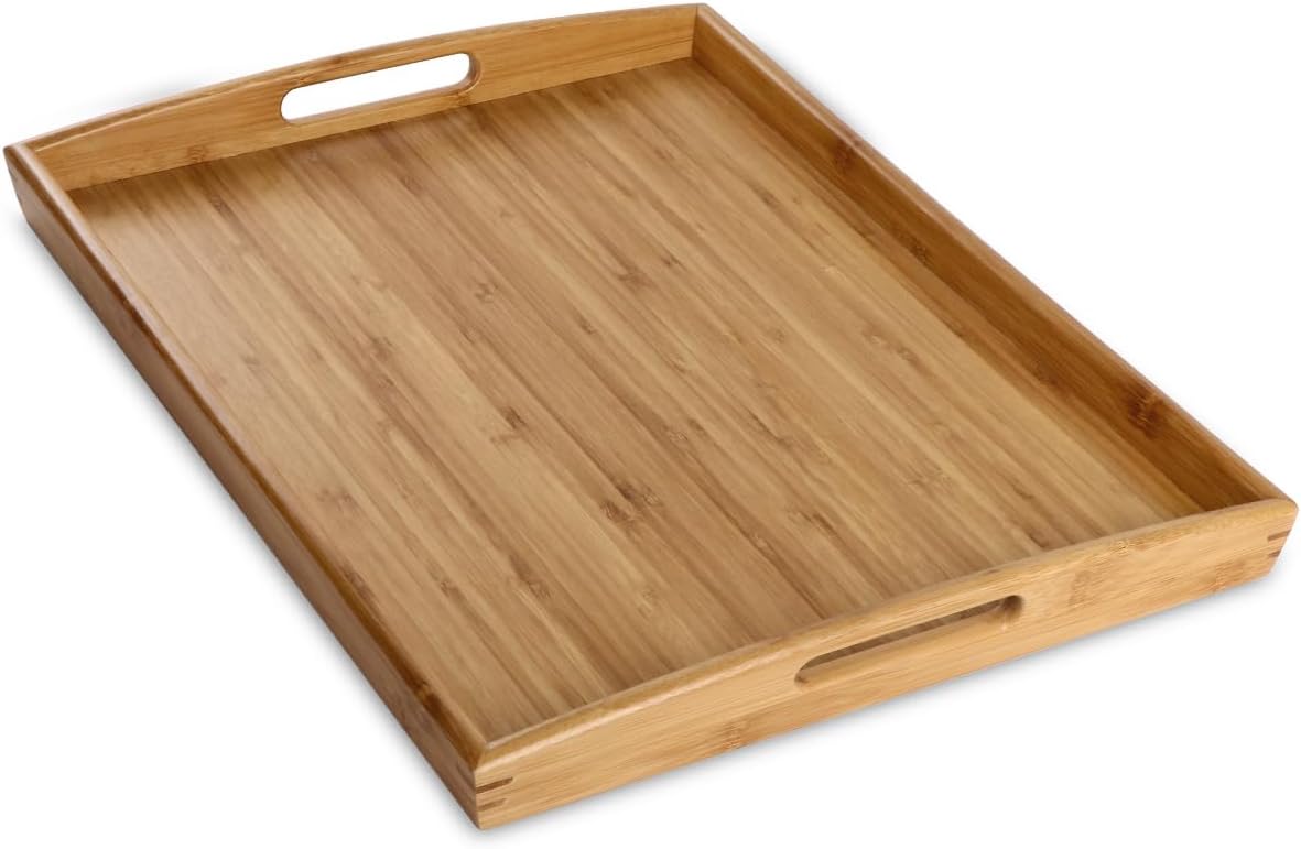 Joy&amp;Grace Bamboo Serving Tray with Handles 16.8 x 12.5 inch | Dinner Food Tray for Bed Breakfast Eating, Serving Tray for Coffee Table Ottoman TV, Decorative Wood Charcuterie Platter