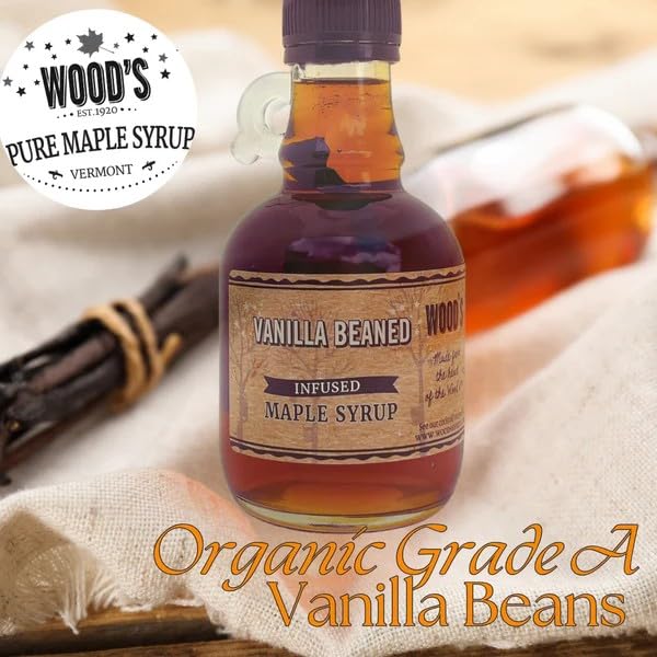 WOOD'S Vanilla Beaned Maple Syrup – Infused Vermont Maple Syrup with Real Vanilla Bean Pod | Smooth, Rich, All-Natural &amp; Vegan Sweetener | Perfect for Breakfast, Baking, Seafood, Popcorn &amp; More | 8.45 Fl Oz (250mL)