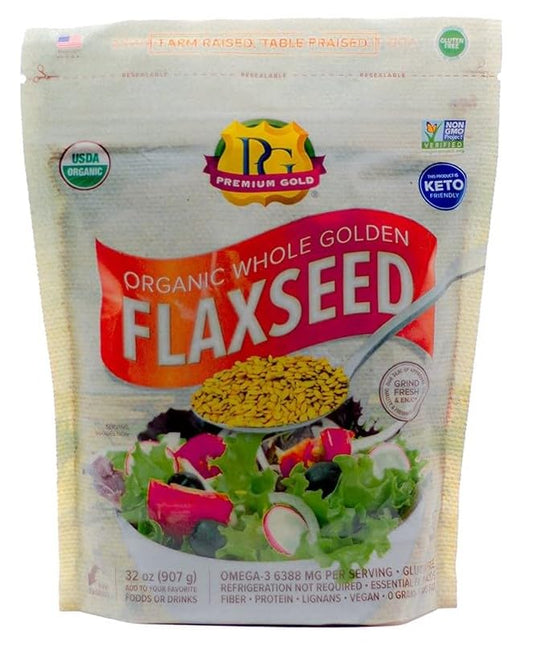 Premium Gold | Organic Whole Flax Seed | 2 lbs, Gluten-Free, Non-GMO, Kosher, Raw Seeds, Excellent Source of Fiber, Source