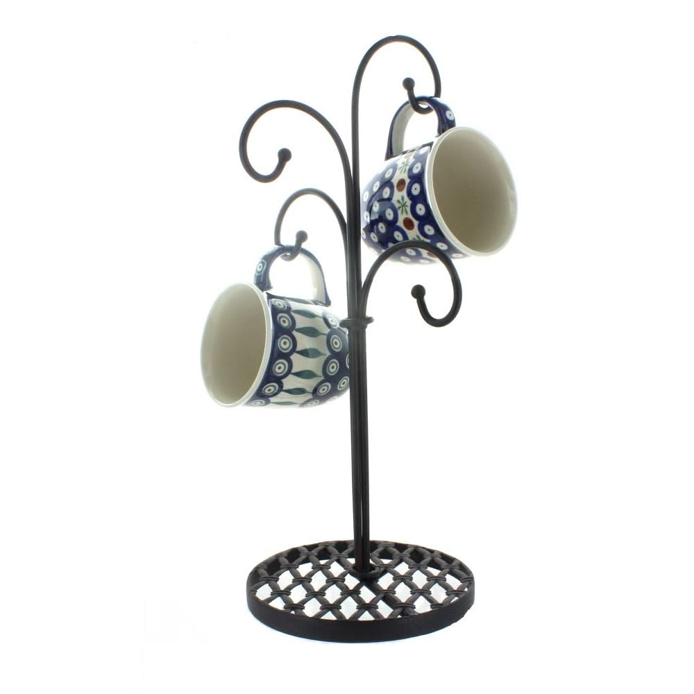Blue Rose Polish Pottery - Black 4 Arm Mug Stand - 16"x 8" x 7" - Rack for Dinnerware