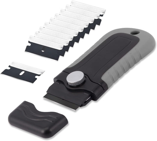 Gomake Locking Razor Blade Scraper with Safety Cap, Glass Cooktop Scraper with 10PCS Black Carbon Steel Blades for Glass
