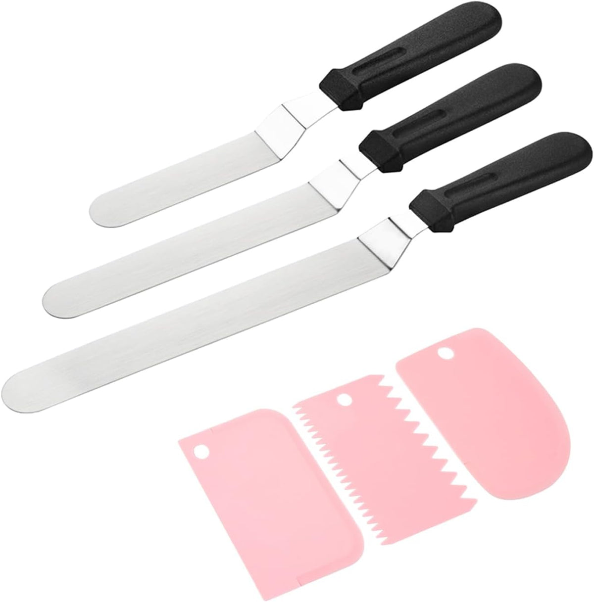 Offset Icing Spatula Set, Stainless Steel Cake Decorating Tools | 6",8",10" blades, non-slip handles, 3 scrapers. Angled offset for easy frosting. Ideal for baking &amp; cake decorating