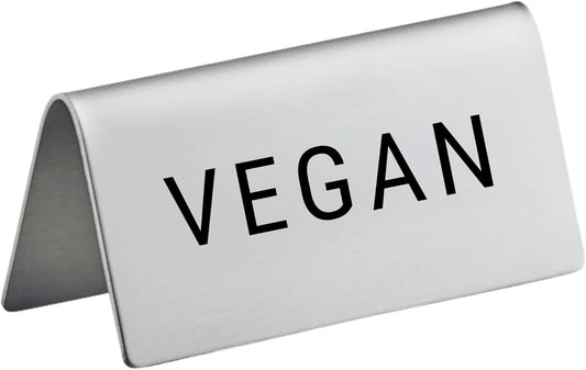 Vegan Stainless Steel Metal Table Tent Sign - 3" x 1-1/2" - Table Top Setting for Restaurants, Catering Businesses, Business. Great for Wedding, Banquet, Buffet, Party, Events. To Label Food Areas for Special Dietary Needs-4 PK