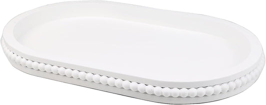 Oval Wood Serving Tray with Wooden Beads, Outdoor Farmhouse Decorative Tray for Ottoman, Coffee Table, Kitchen Counter