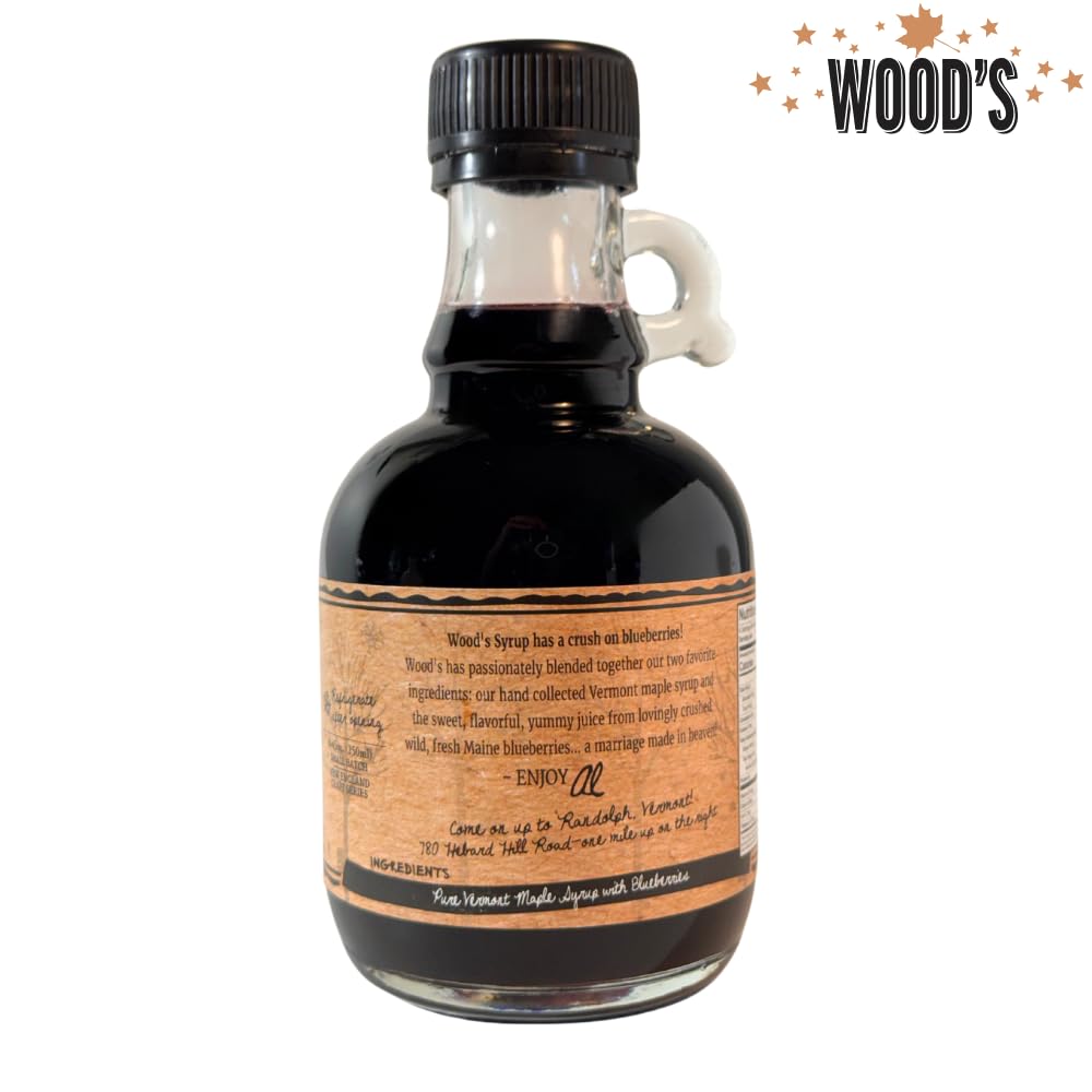 WOOD'S Blueberry Crush Maple Syrup – Small-Batch Vermont Maple Syrup Infused with Real Blueberry Flavor | All-Natural, Vegan Sweetener for Pancakes, Desserts, Cocktails &amp; Baking | 8.45 Fl Oz (250mL)