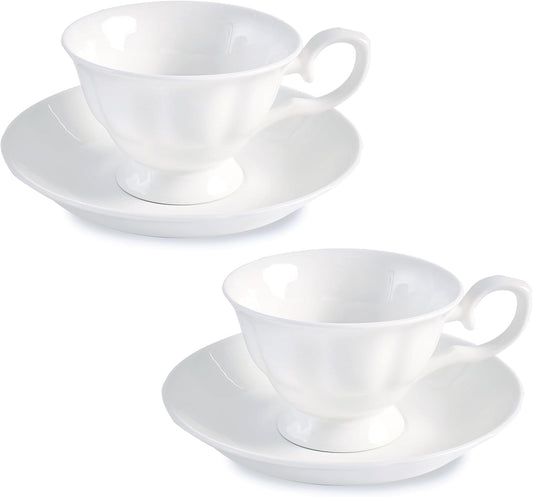 Fine Bone China Coffee Cups with Saucers, Set of 2 Vintage British Royal Style Ceramic Tea Cups, 4 Oz Small Tea Cup and