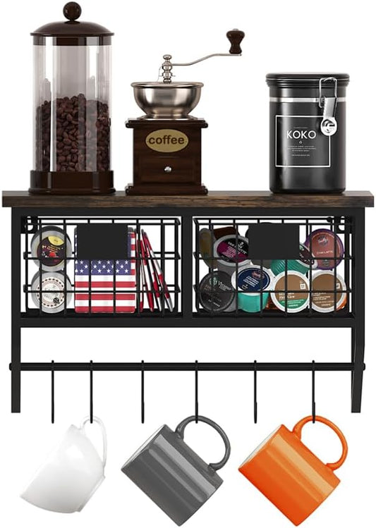 Helsin Industrial Wall Mounted Metal Wood Floating Shelves with Baskets Hooks Hanging Display Shelf Sundries Holder for