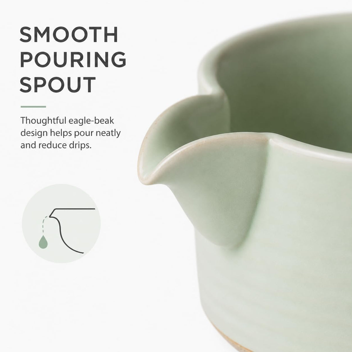 Matcha Traditional Porcelain Tea Bowl with Pour Spout - Hand Made Porcelain with Light Green Matte Glaze - Perfectly Whisked Matcha Green Tea, 430ml/ 14.5oz