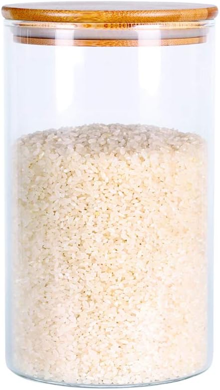 Glass Rice Storage Containers, 60 FL OZ (1800ml) Kitchen Food Jars with Airtight Lid, Stackable Clear Pantry Canister for
