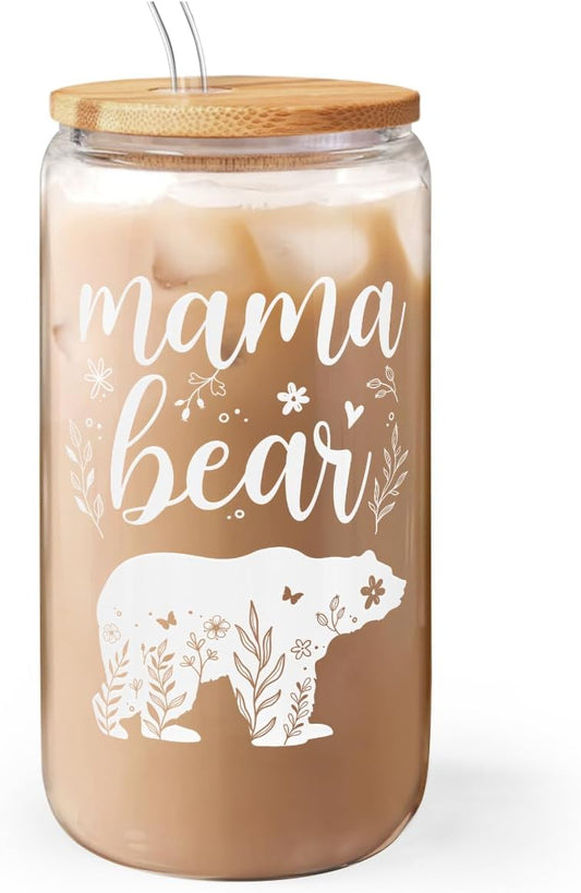 Mom Gifts - Mama Bear 16 Oz Can Glass Tumbler with Bamboo Lid and Straw - Iced Coffee Cups for Women, Aesthetic Glass Cup