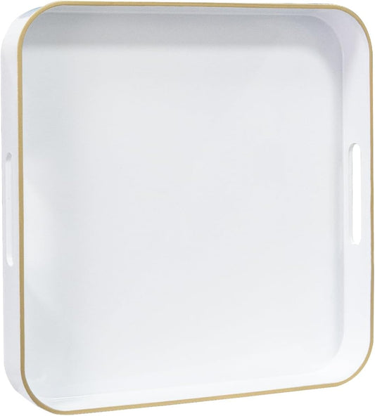 MAONAME 13" White Decorative Tray, Serving Tray with Metal Handles, Square Plastic Trays for Ottoman, Modern Coffee Table