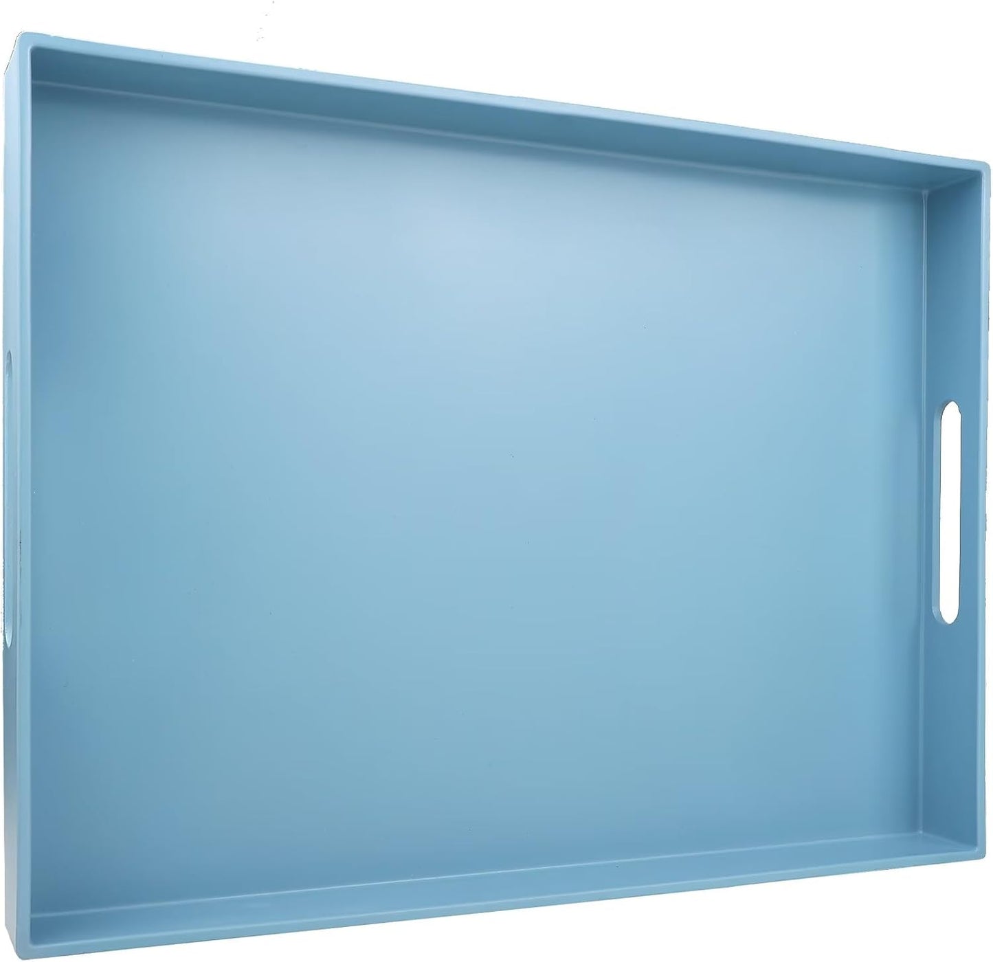 Blue Serving Tray for Coffee Table, Rectangular Plastic Decorative Tray with Handles for Entertainin