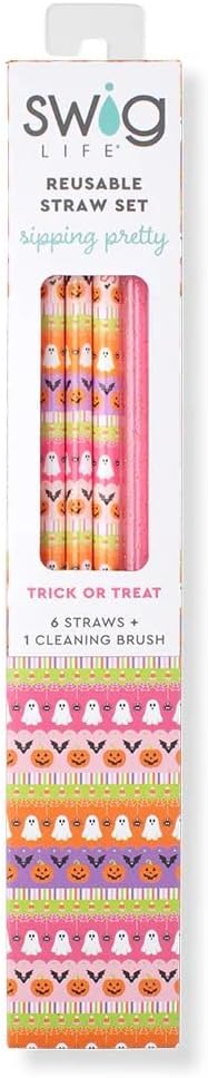 Swig Life Reusable Straw Set with Cleaning Brush, Trick or Treat | Reusable Straw Set - Cleaning Brush Included - 14 Inch Long - Accessories for Cups &amp; Mugs