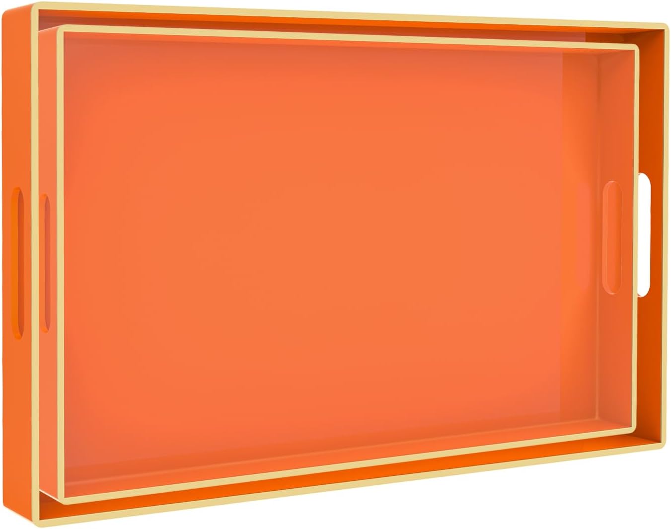 MAONAME Orange Serving Tray with Handles, Plastic Decorative Tray Set of 2 | Decorative Tray for Coffee Table, Modern Ottoman Tray, Rectangle Melamine Tray for Living Room, 15.8"L x 10.2"W x 1.4"H