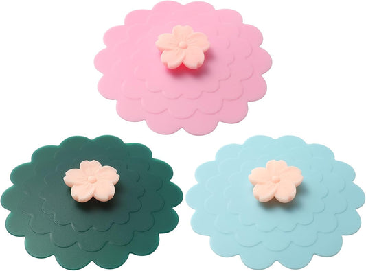 Peach blossom Silicone Cup Covers (Set of 3) ， Multicolored Silicone Lids for Mugs, Cups, Tea Pots,Flexible Mug Covers，Hot